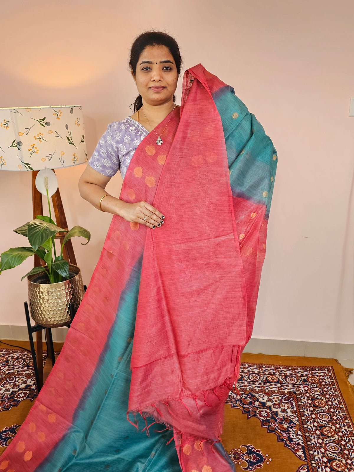 Bhagalpuri Viscous with Zari Weaving Saree - Sea Green with Red