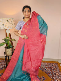 Bhagalpuri Viscous with Zari Weaving Saree - Sea Green with Red
