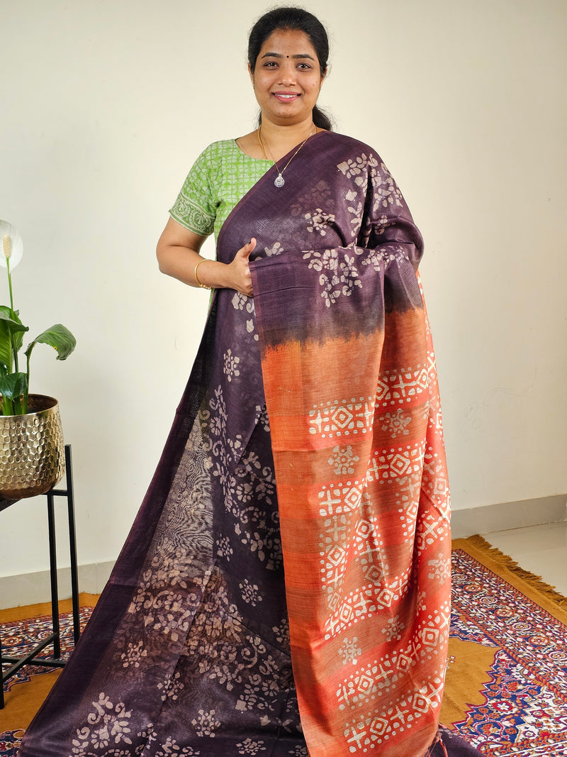 Bhagalpuri with Batik Print - Brown  with Honey Brown