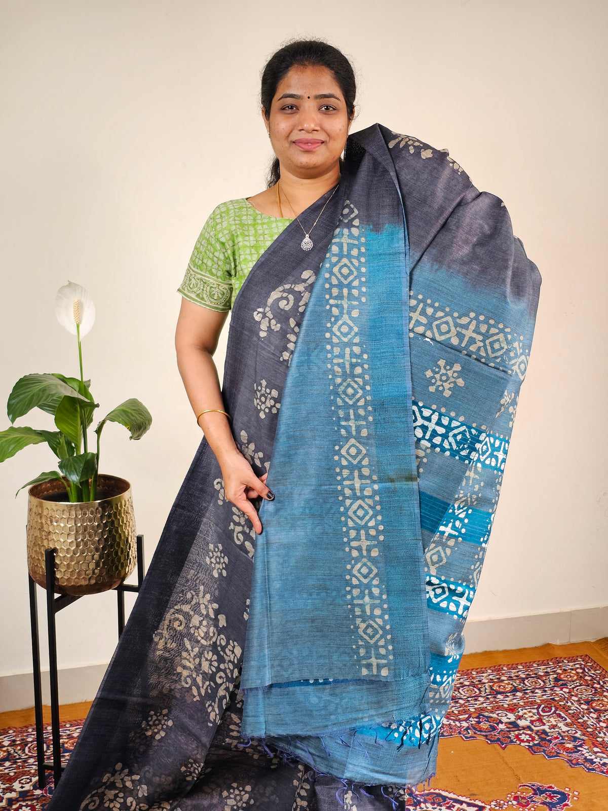 Bhagalpuri with Batik Print - Grey with Sea Green