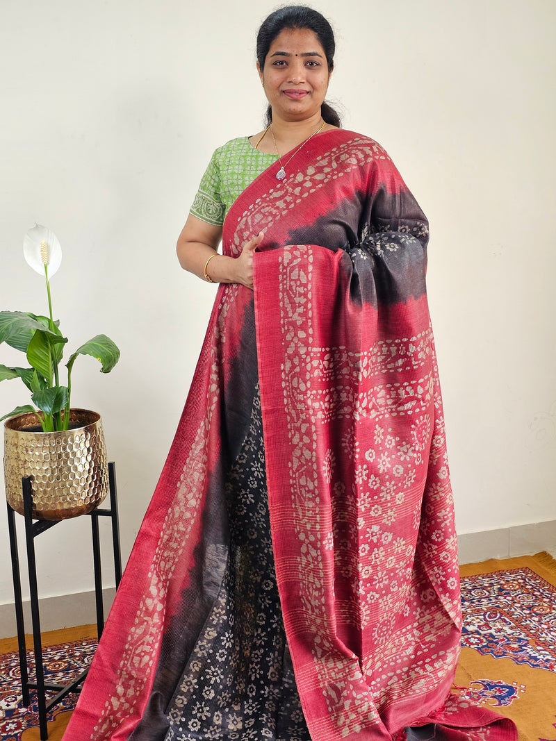Bhagalpuri with Batik Print -Grey with Maroon