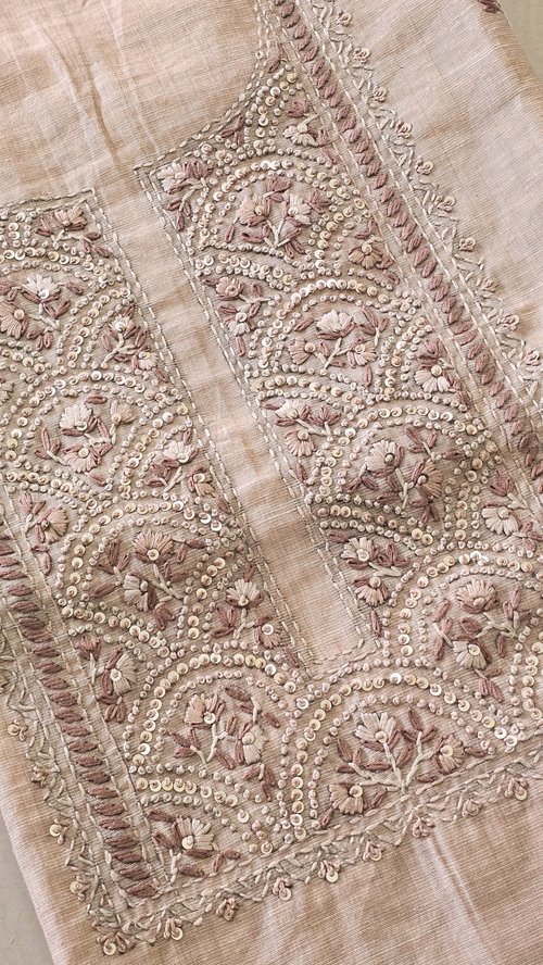 Linen Tissue with Heavy Embroidery Unstitched Salwar - Pastel Beige