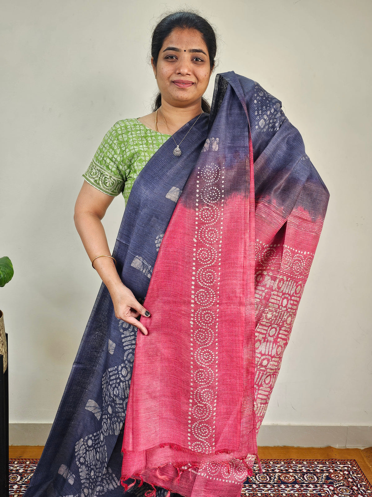 Bhagalpuri with Batik Print - Blue with Red