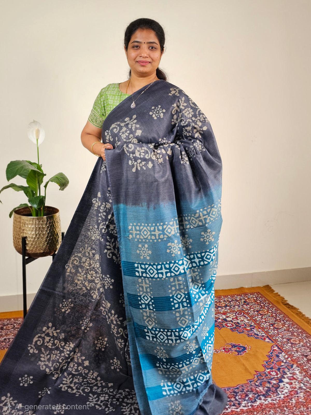 Bhagalpuri with Batik Print - Grey with Sea Green