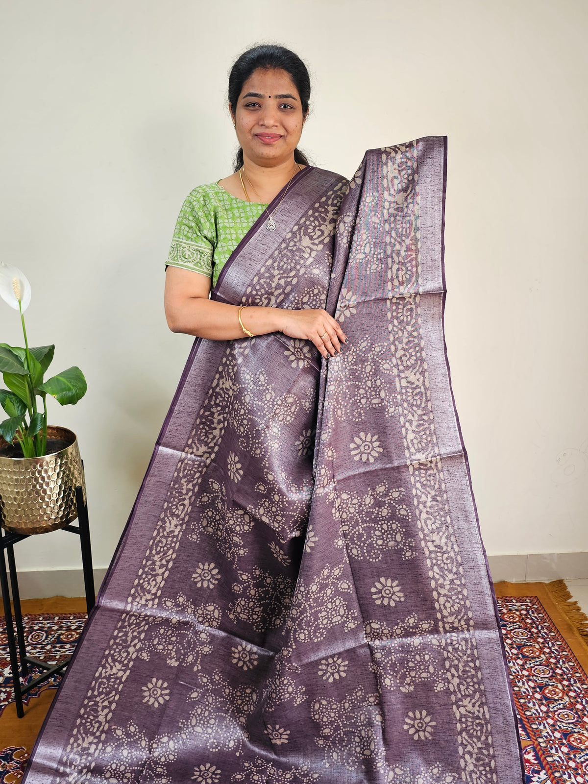 Bhagalpuri with Silver Zari Weaving Batik Print - Brown with Honey Brown