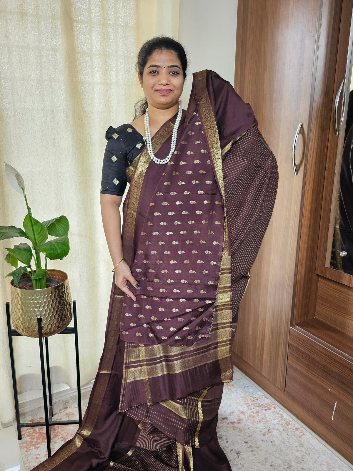 Semi Mysore Crepe Silk Saree - Coffee Brown