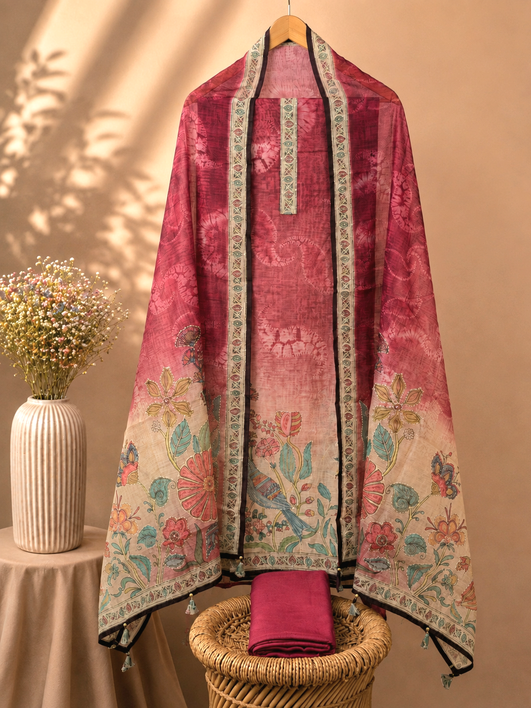 Chanderi Kantha Unstitched Salwar - Maroon