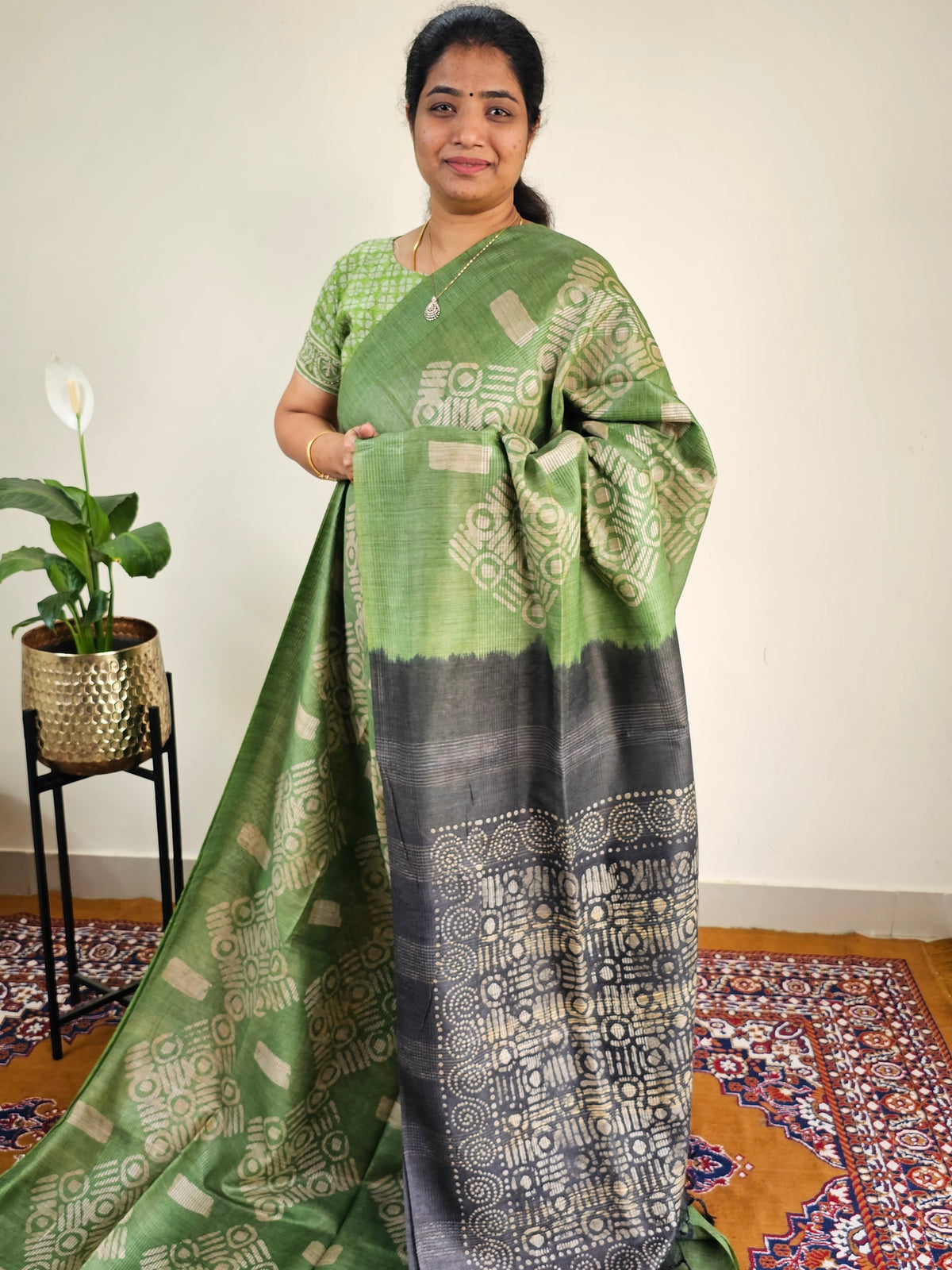 Bhagalpuri with Batik Print - Green with Grey