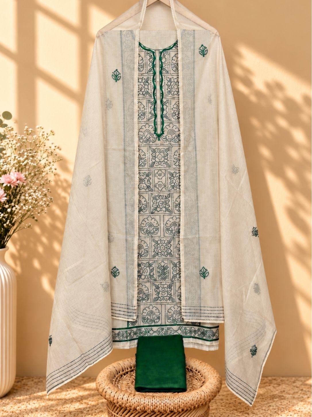 Soft Linen Tissue Unstitched Salwar - Cream with Green