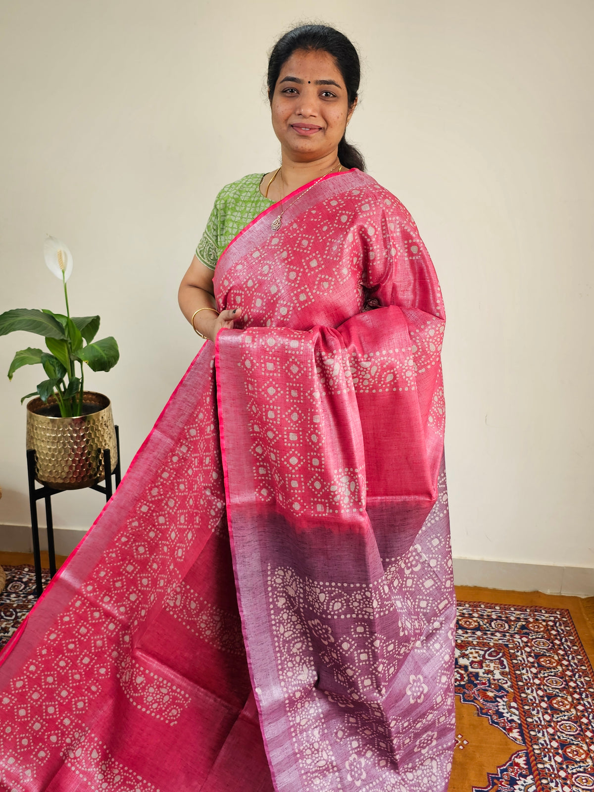 Bhagalpuri with Silver Zari Weaving Batik Print - Pink with Maroon