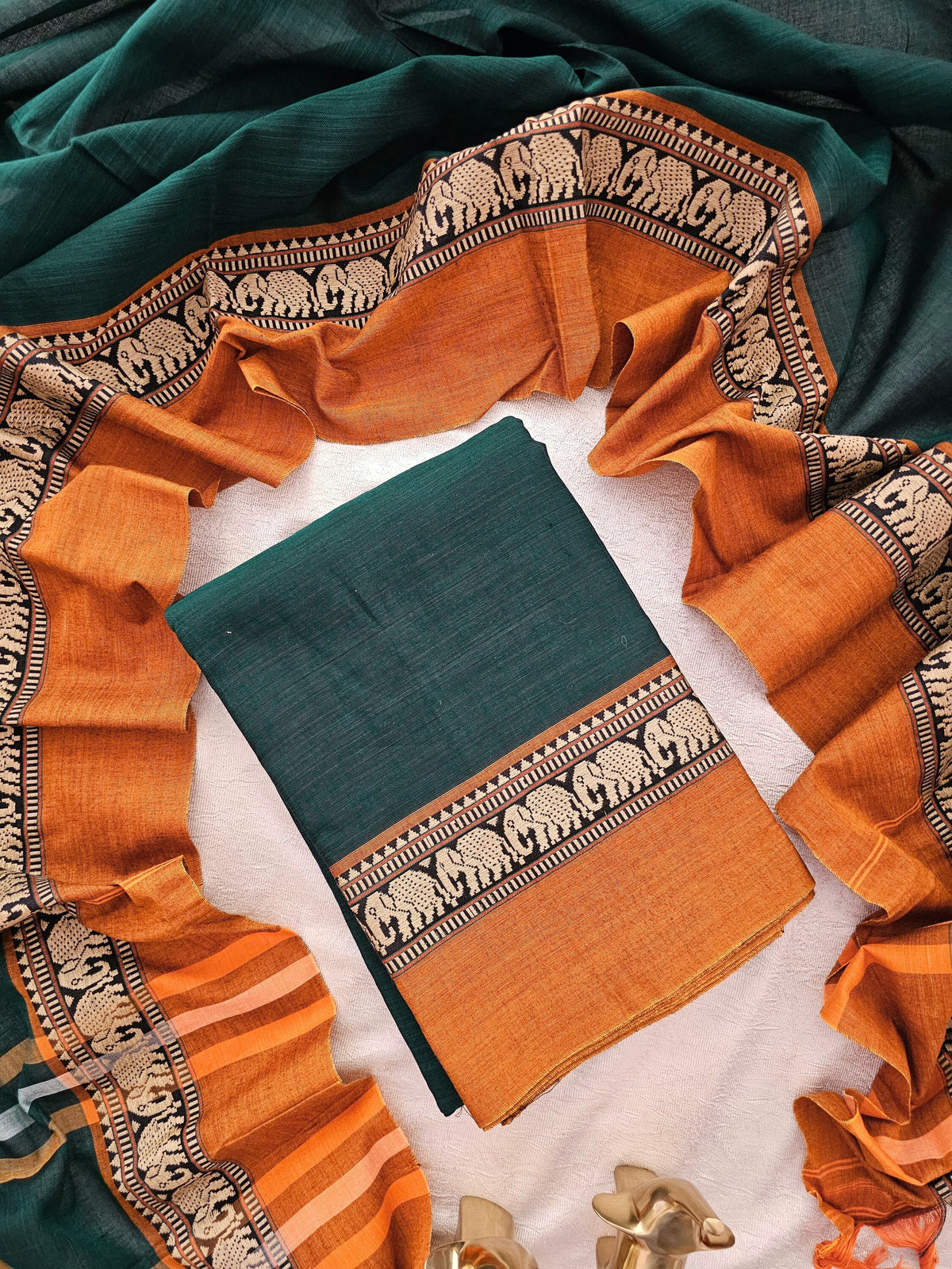 Handloom Narayanpet Cotton Unstitched Salwar-Green with Mustard