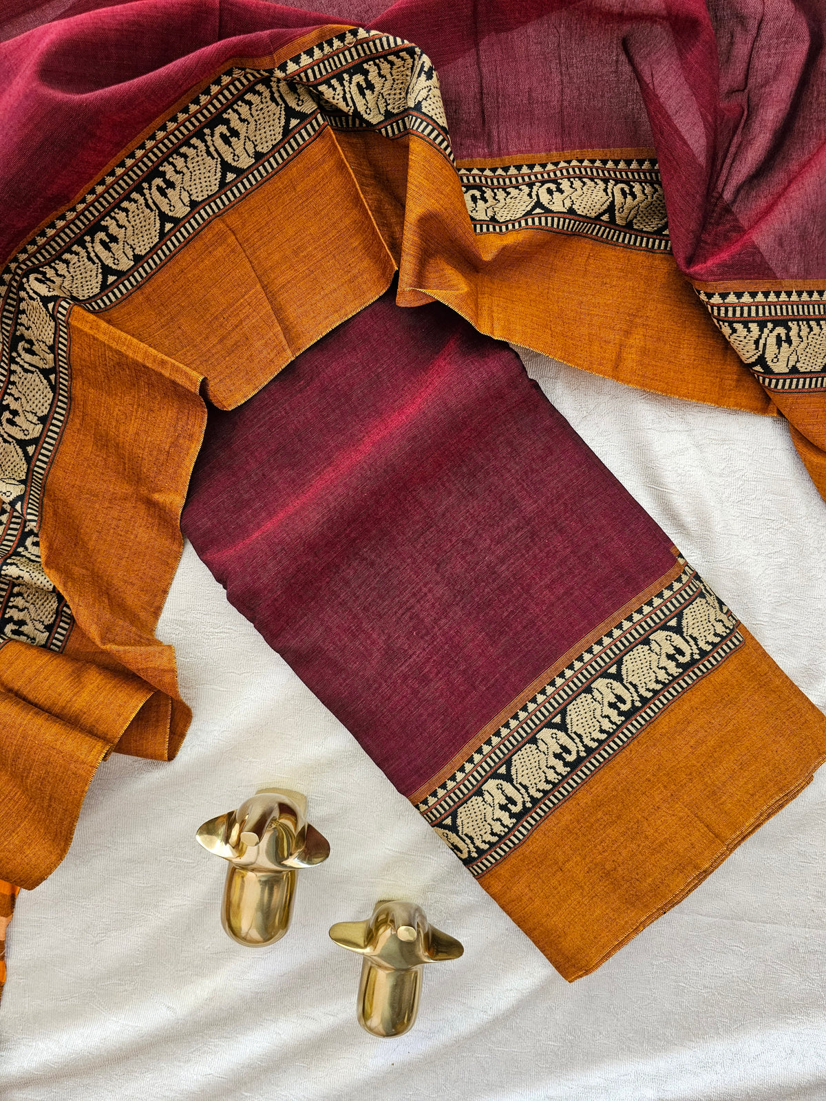 Handloom Narayanpet Cotton Unstitched Salwar- Dark Maroon with Mustard Yellow