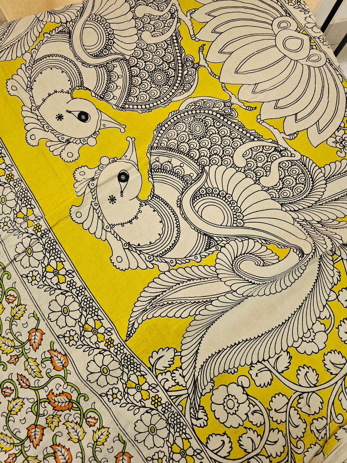 Cotton Kalamkari  Printed Saree - Cream with Yellow