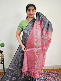 Bhagalpuri with Silver Zari Weaving Batik Print - Grey with  Maroon