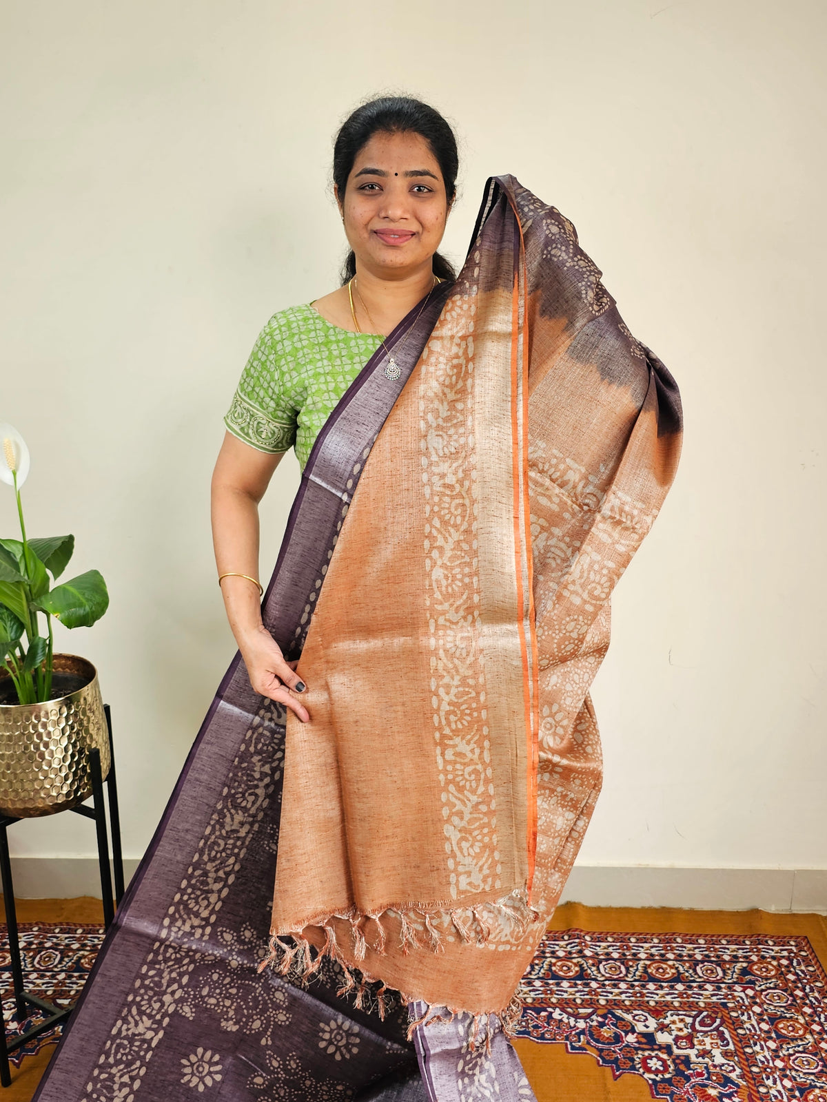 Bhagalpuri with Silver Zari Weaving Batik Print - Brown with Honey Brown