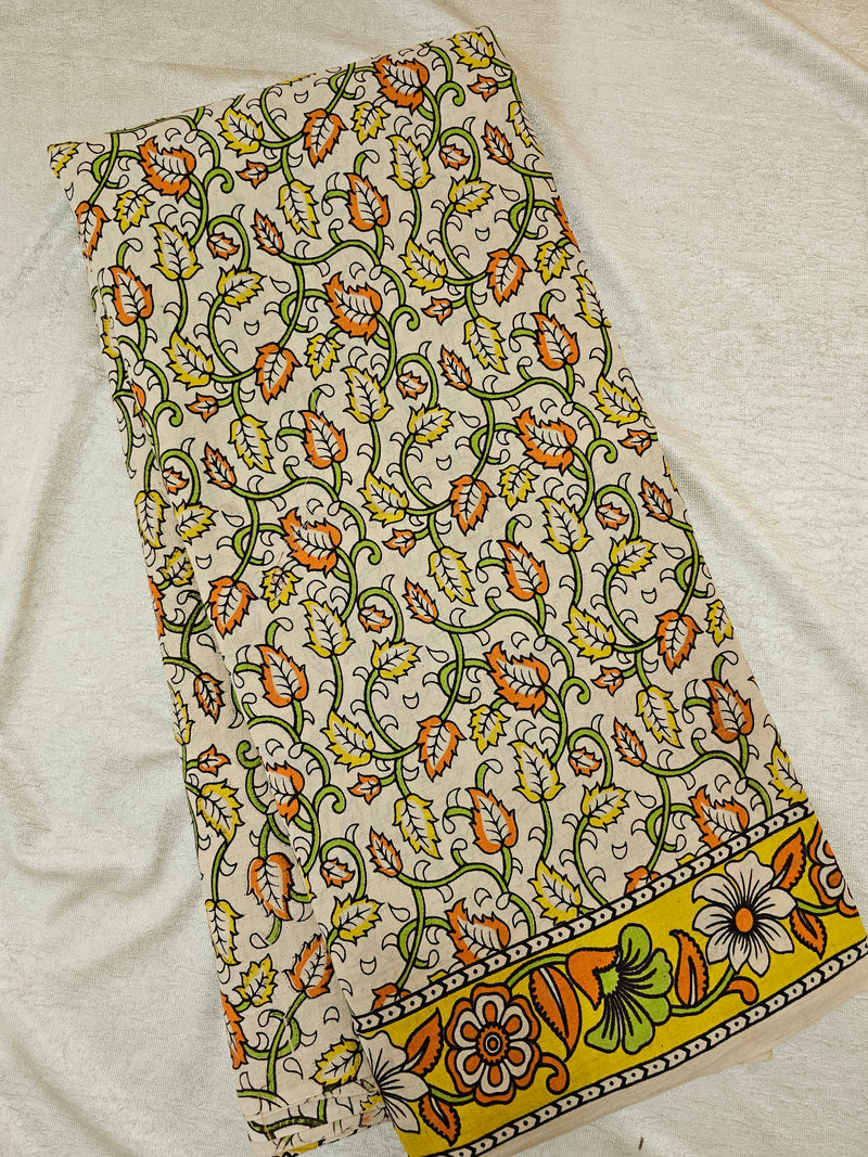 Cotton Kalamkari  Printed Saree - Cream with Yellow