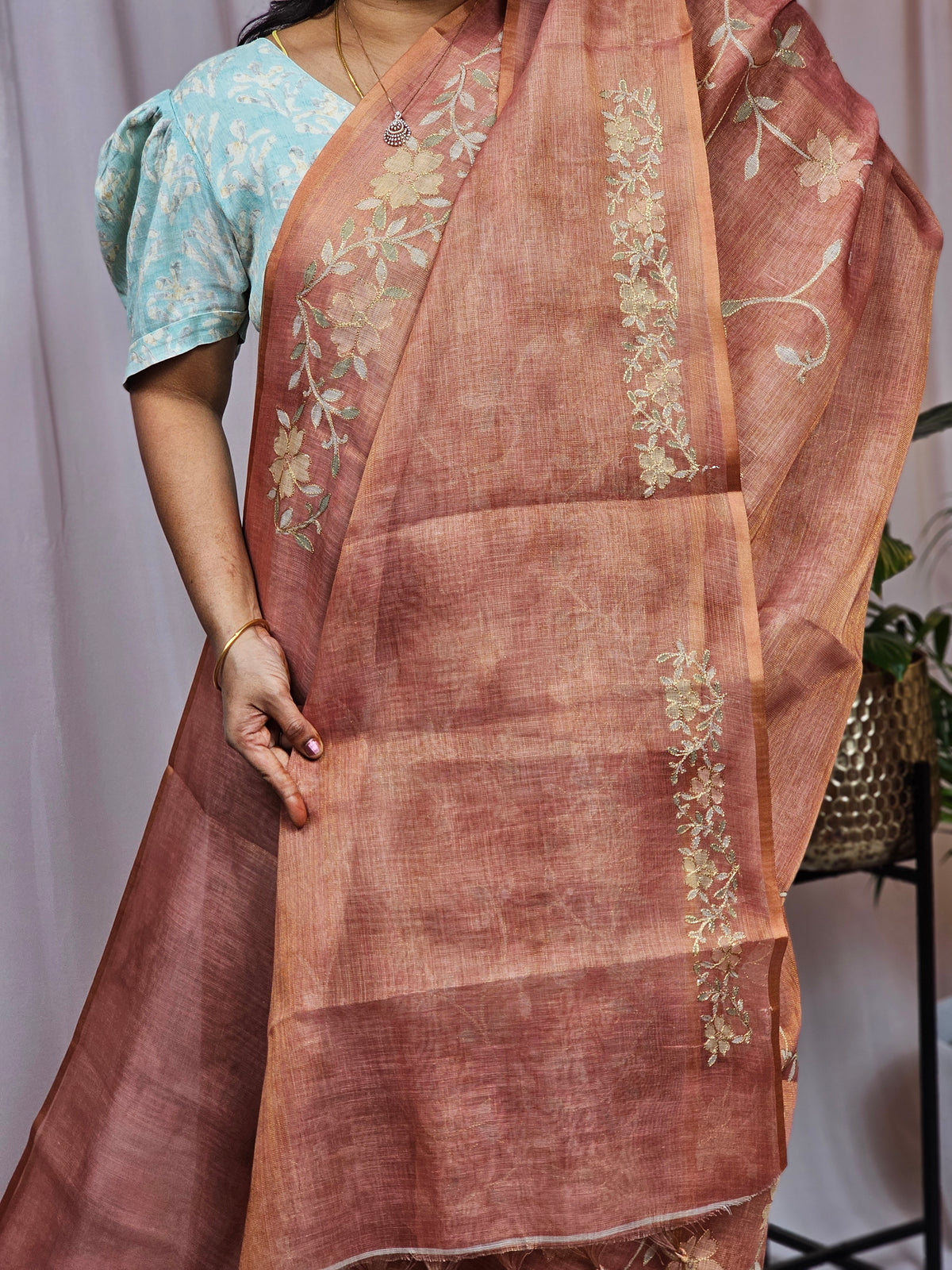 Linen Tissue with Aari Work - Rust Orange