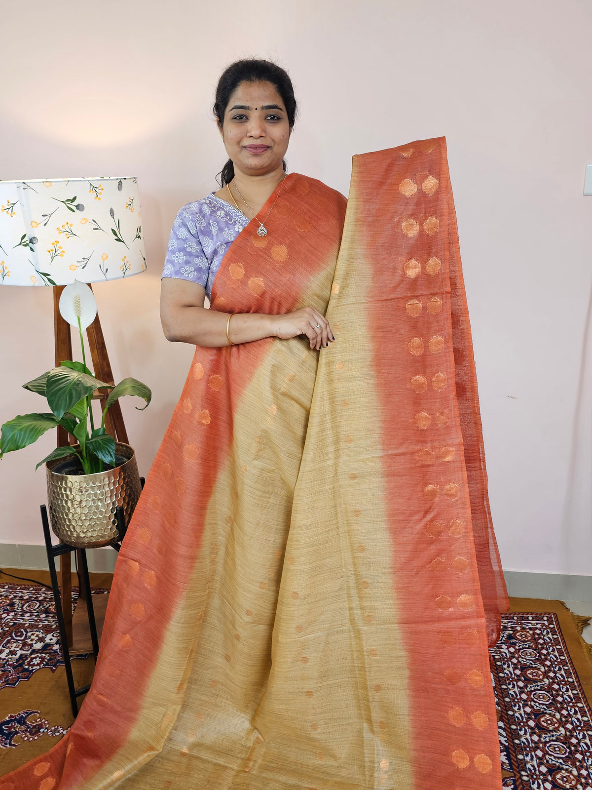 Bhagalpuri Viscous with Zari Weaving Saree - Beige with Rust Orange