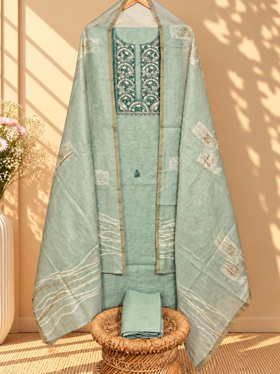 Linen Tissue with Heavy Embroidery Unstitched Salwar - Blue
