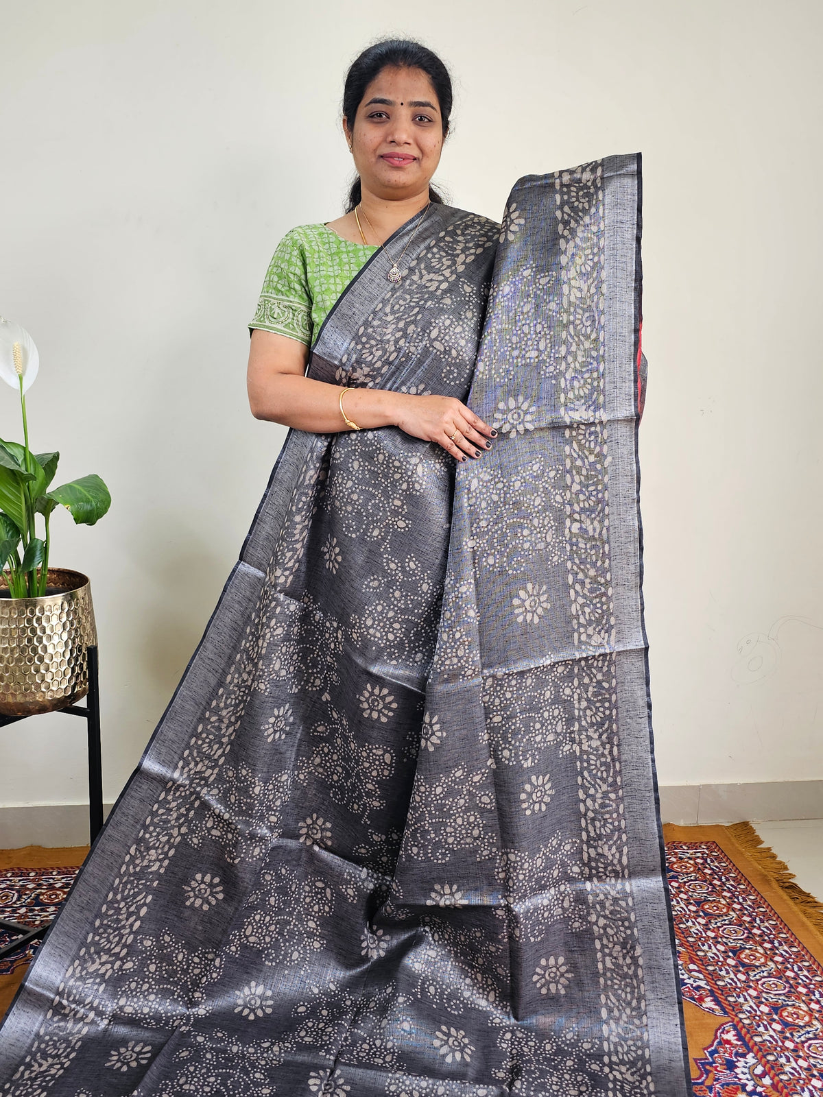 Bhagalpuri with Silver Zari Weaving Batik Print - Grey with  Maroon