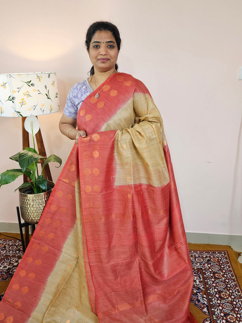 Bhagalpuri Viscous with Zari Weaving Saree - Beige with Red