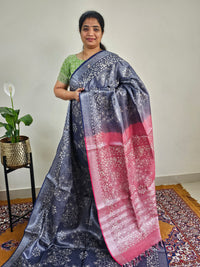 Bhagalpuri with Silver Zari Weaving Batik Print - Blue with Pink