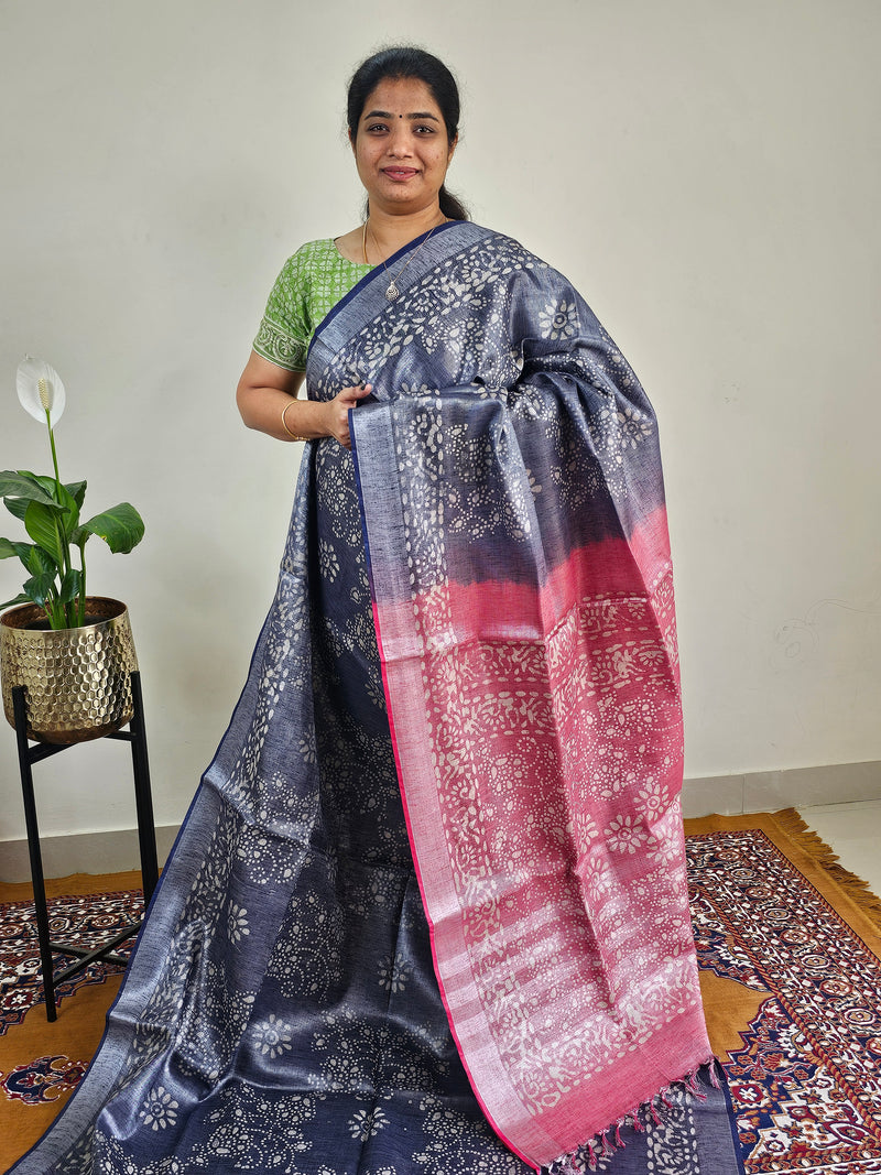 Bhagalpuri with Silver Zari Weaving Batik Print - Blue with Pink