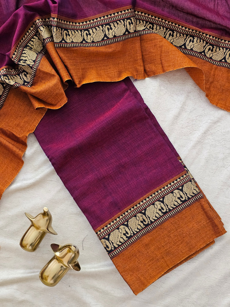 Handloom Narayanpet Cotton Unstitched Salwar- Dark Magenta Pink with Mustard Yellow