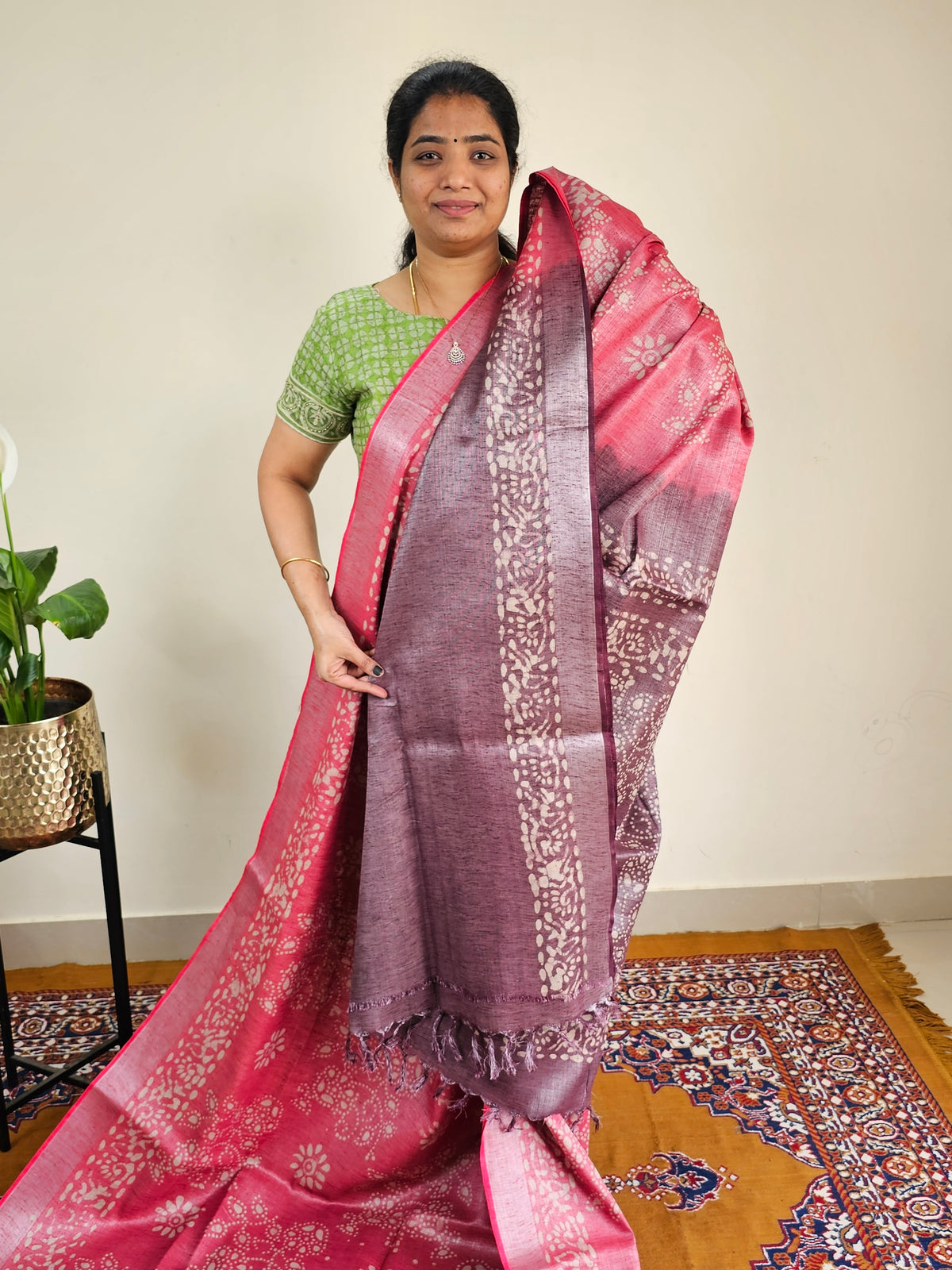 Bhagalpuri with Silver Zari Weaving Batik Print - Pink with Dark Maroon