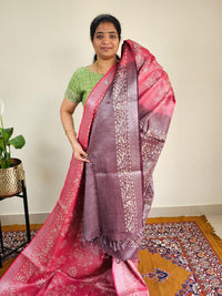 Bhagalpuri with Silver Zari Weaving Batik Print - Pink with Dark Maroon