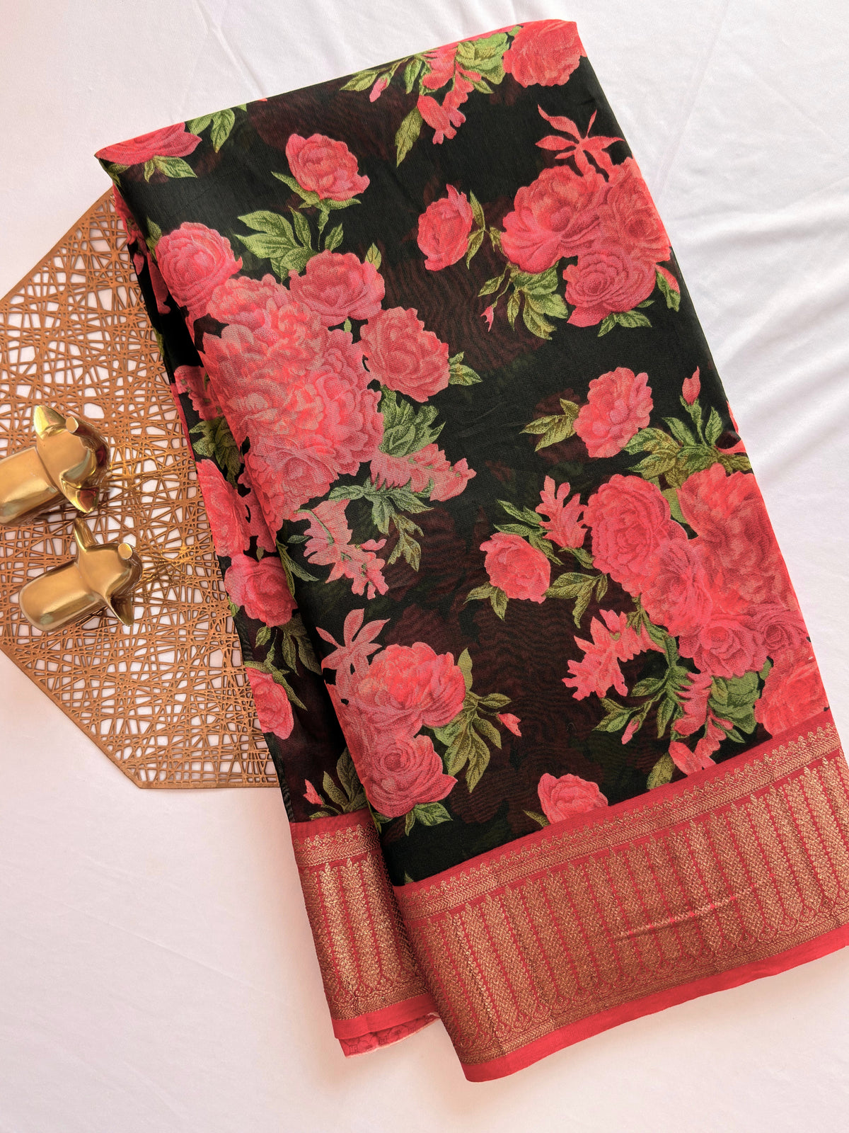 Pure Chanderi Butter Silk - Black with Red