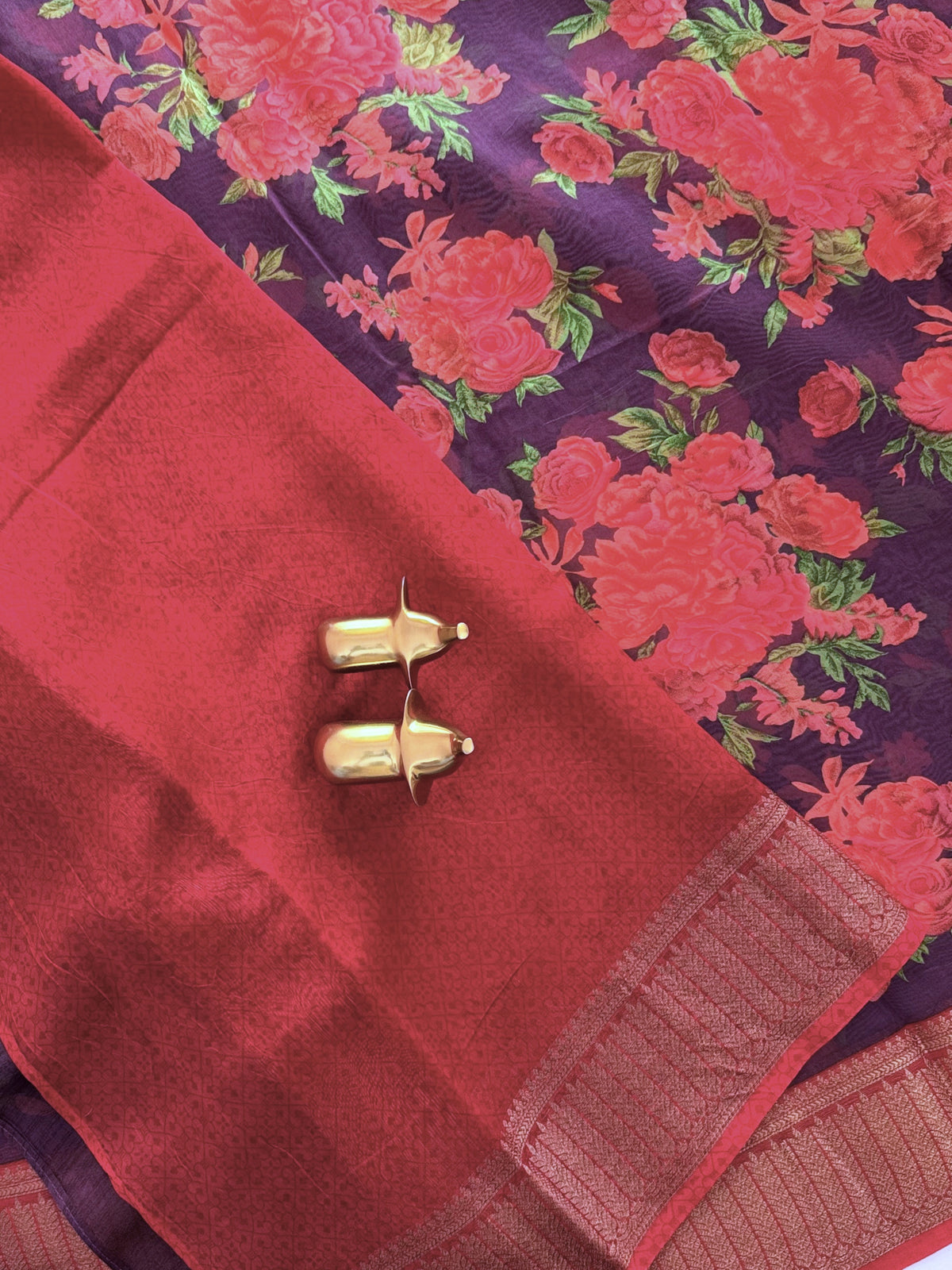 Pure Chanderi Butter Silk - Purple  with Red