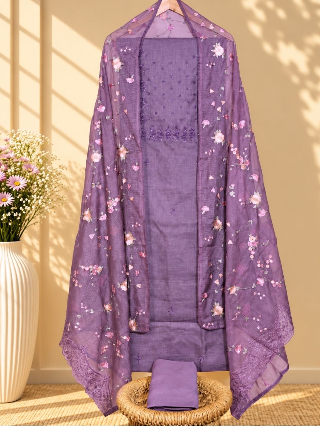 Linen By Linen Beads and Thread Knot Work Unstitched Salwar -  Dark Purple