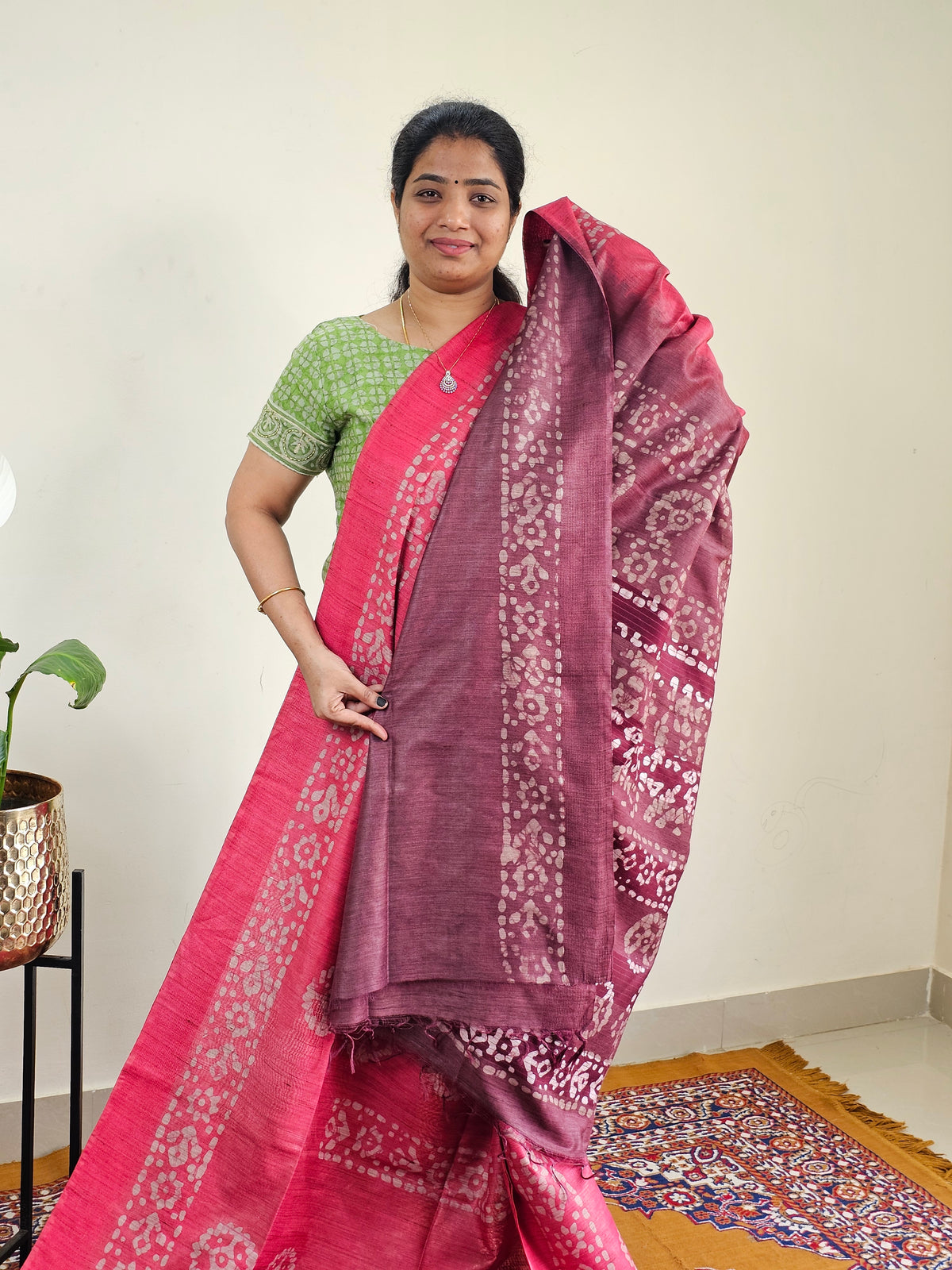Bhagalpuri with Batik Print - pink with Maroon