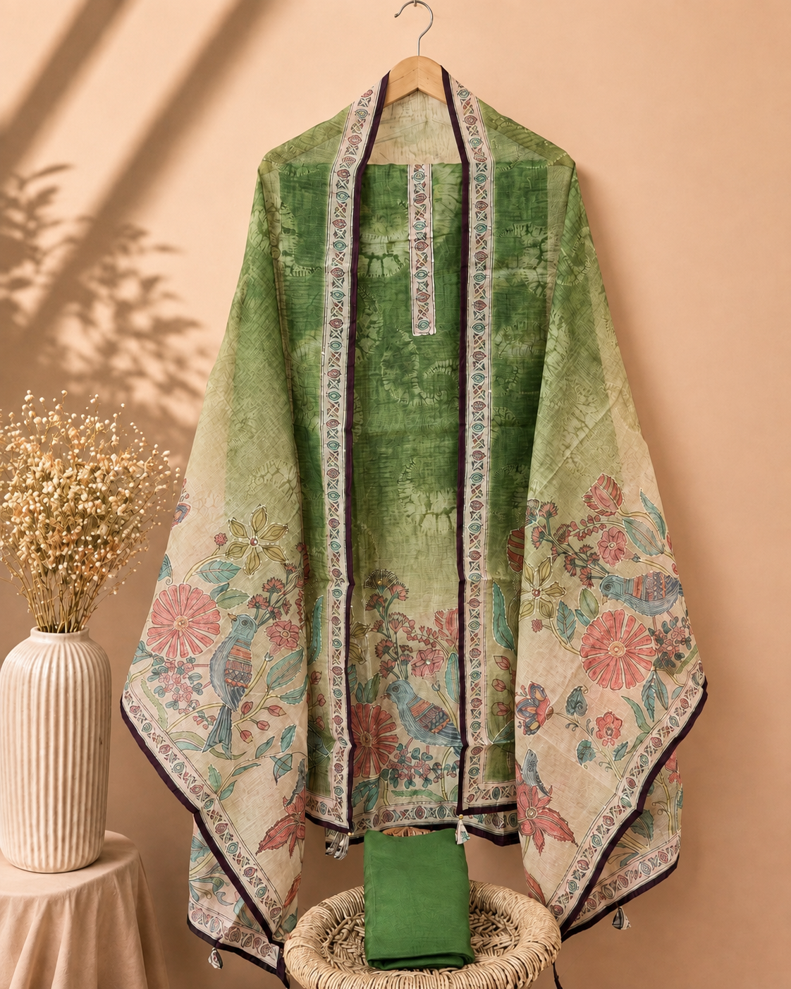 Chanderi Kantha Unstitched Salwar - Green