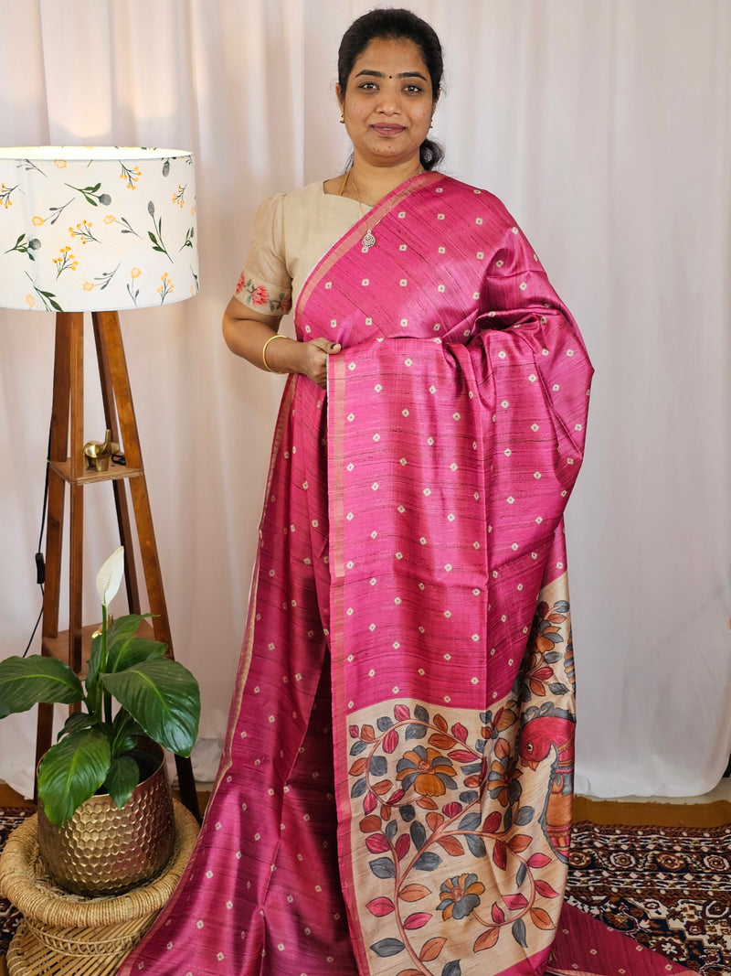 Semi Matka Tussar with Kalamkari - pink