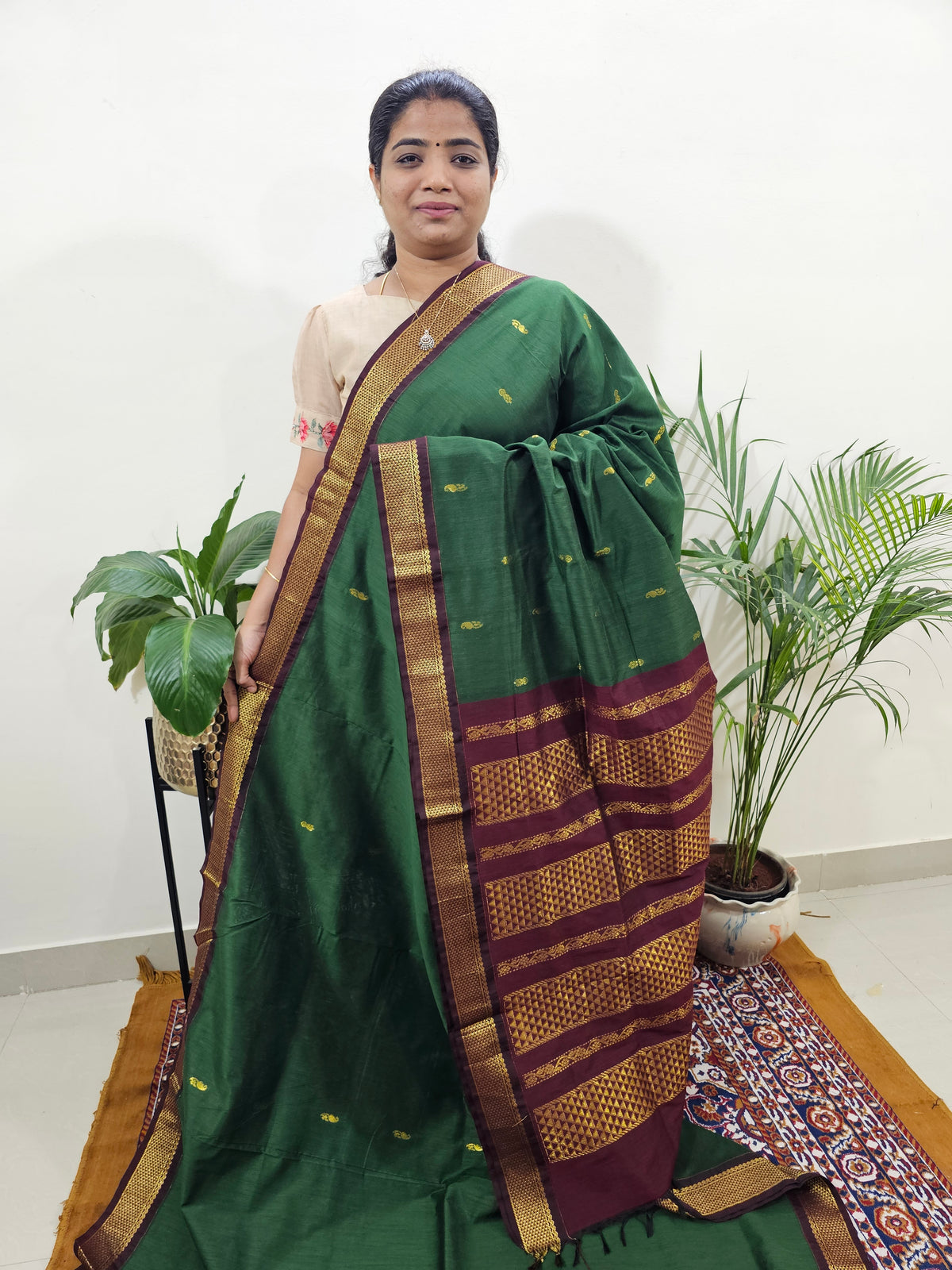 Kalayani Soft Cotton Saree with Borders - Dark Green with Maroon