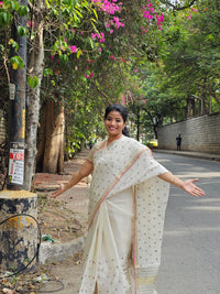 Premium Chanderi Silk with Floral Emboridery Saree - White with Pink