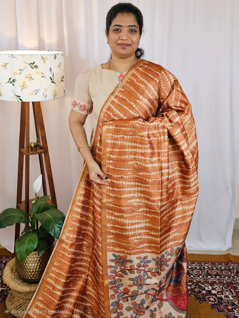 Semi Matka Tussar with Kalamkari - Brown
