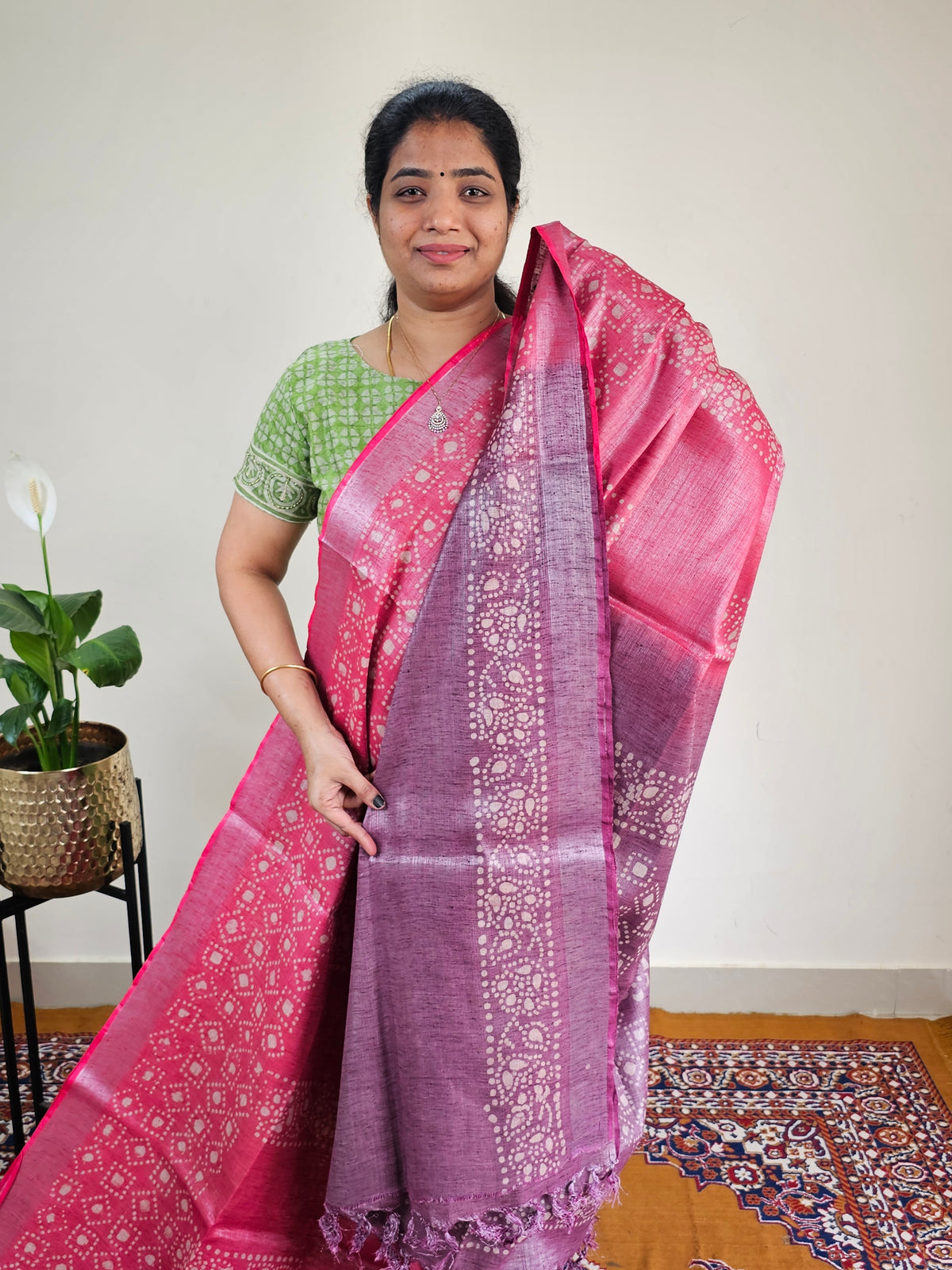 Bhagalpuri with Silver Zari Weaving Batik Print - Pink with Maroon