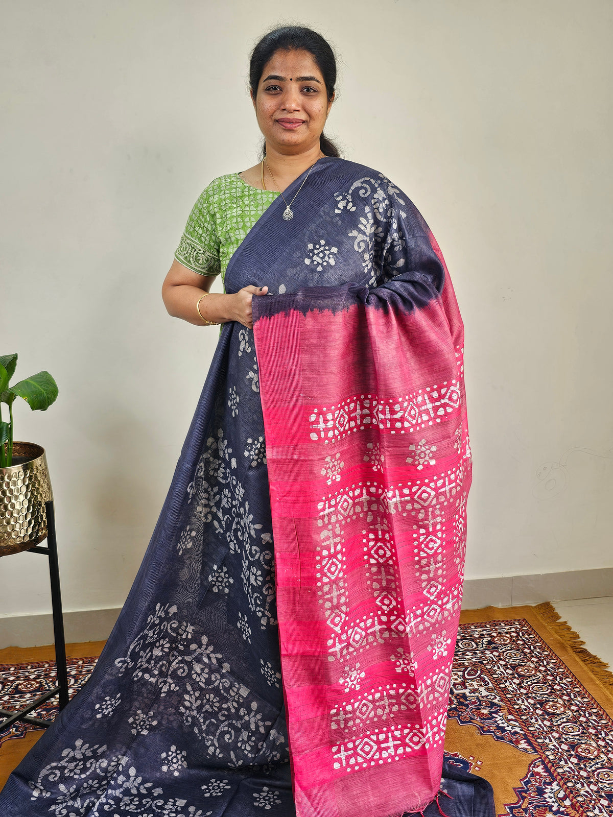 Bhagalpuri with Batik Print -  Blue with Pink