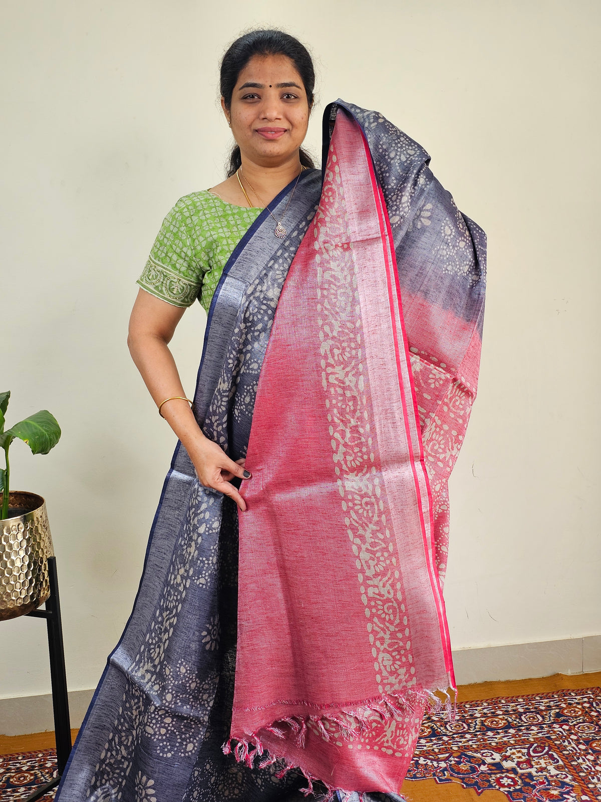 Bhagalpuri with Silver Zari Weaving Batik Print - Blue with Pink