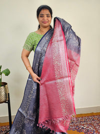 Bhagalpuri with Silver Zari Weaving Batik Print - Blue with Pink