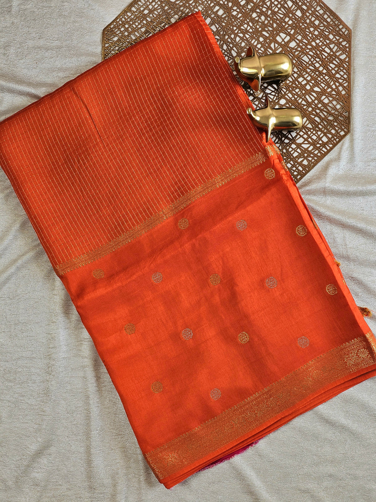 Semi Mysore Crepe Silk Saree - Orange with Pink