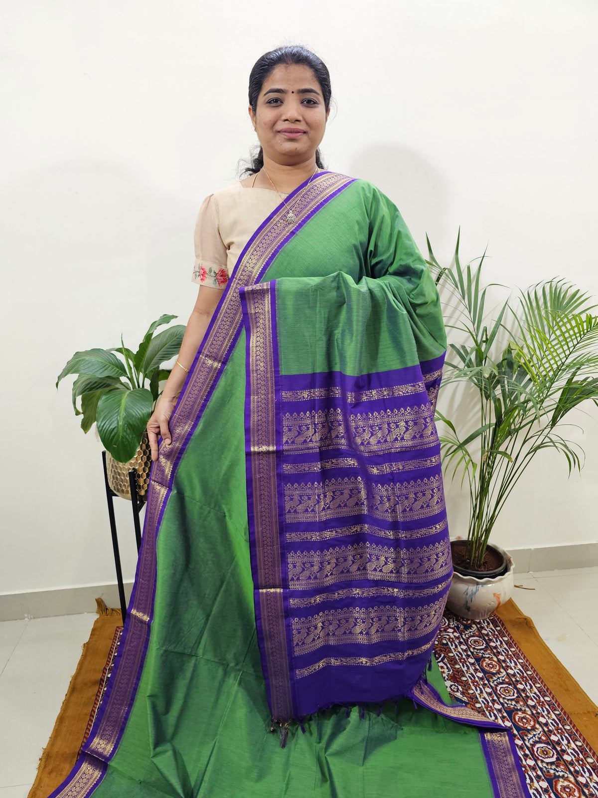 Kalayani Soft Cotton Saree with Borders - Green with Purple