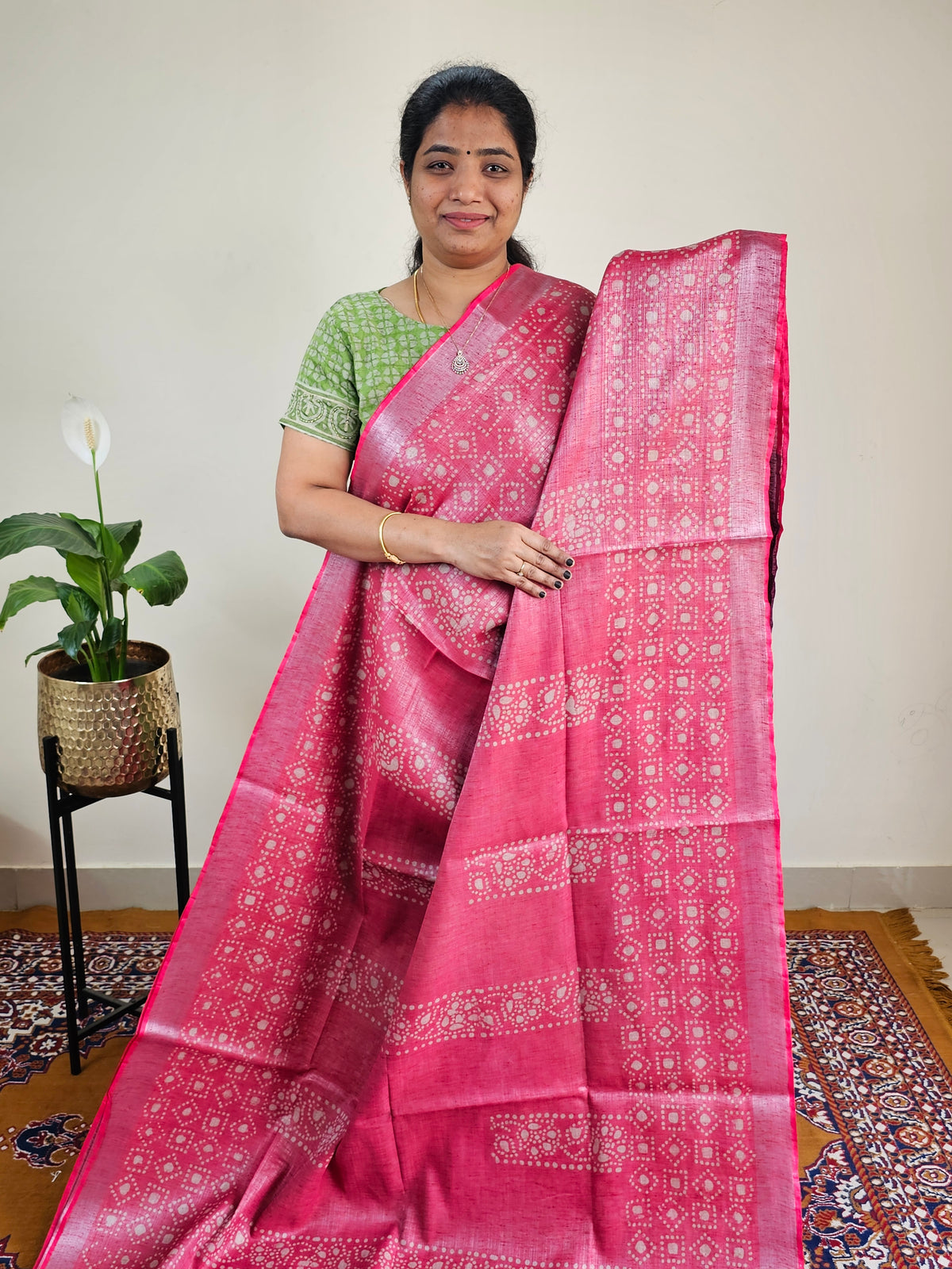 Bhagalpuri with Silver Zari Weaving Batik Print - Pink with Maroon