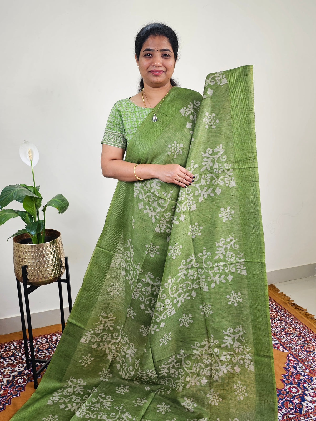 Bhagalpuri with Batik Print - Green with Grey
