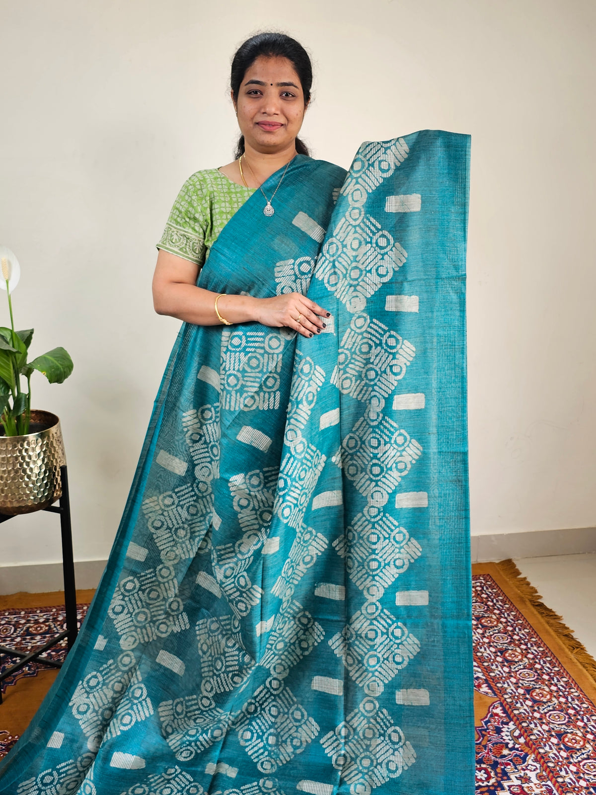 Bhagalpuri with Batik Print - Sea Green with Blue