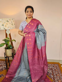 Bhagalpuri Viscous with Zari Weaving Saree - Grey with Magenta Pink