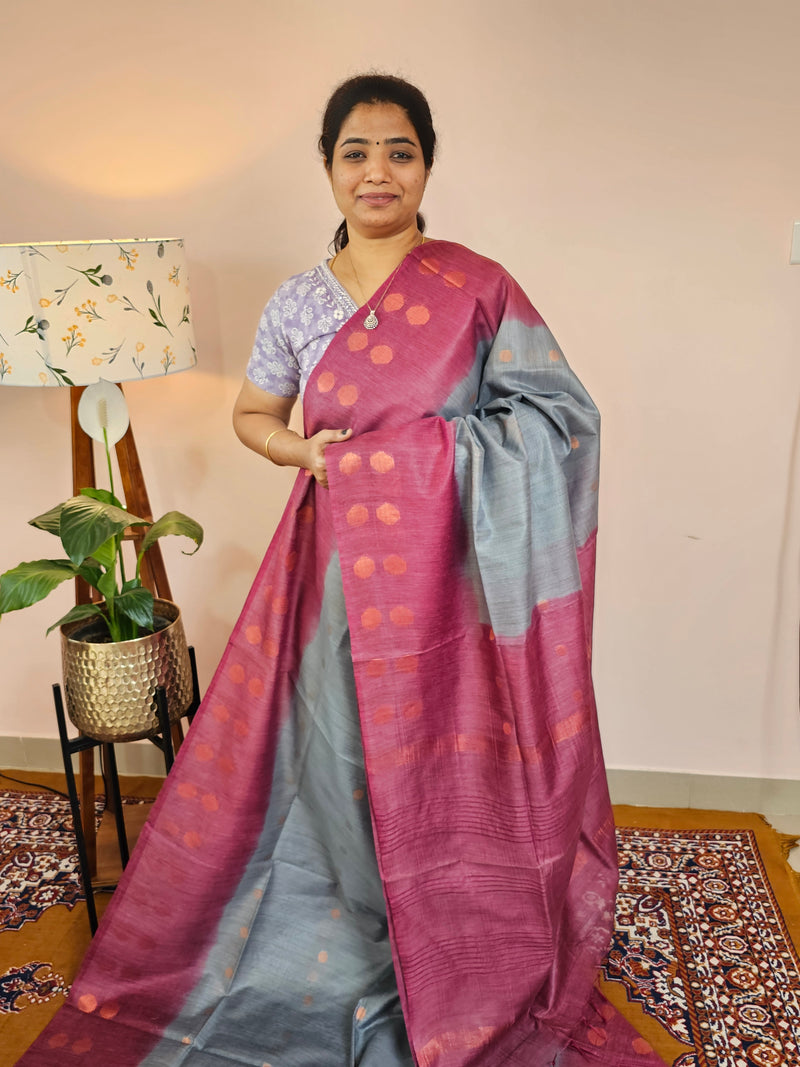 Bhagalpuri Viscous with Zari Weaving Saree - Grey with Magenta Pink